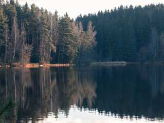 Autumn forest, trees and hills are reflected in the lake. Park in Toksovo Leningrad region Russia