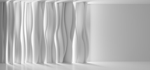 White Architecture vertical glowing waves 3D rendering.