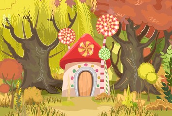 Candy hut in beautiful autumn forest. Sweet caramel fairy house. Summer cute landscape. Illustration in cartoon style flat design. Picture for children. Vector