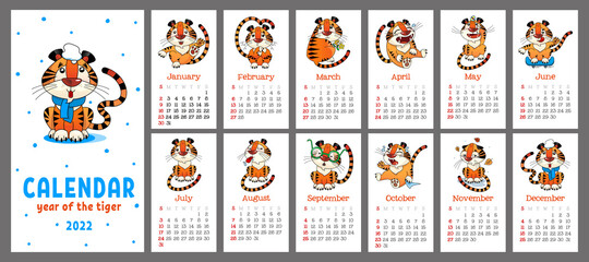 Wall calendar for 2022, Year of the Tiger. 12 cartoon tiger cubs. Week starts on Sunday. Vector, illustration