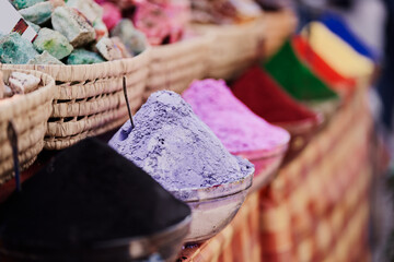 Exotic colorful spices on moroccan street market.