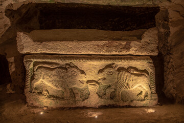 Sacophagus of the Lions in the Cave of the Coffins at Bet She'arim in Kiryat Tivon, Israel
