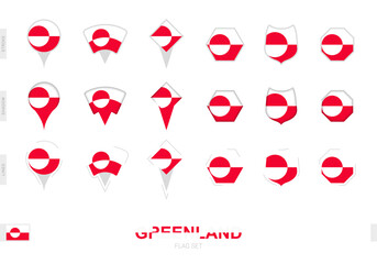 Collection of the Greenland flag in different shapes and with three different effects.