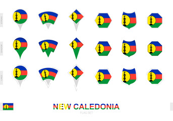 Collection of the New Caledonia flag in different shapes and with three different effects.