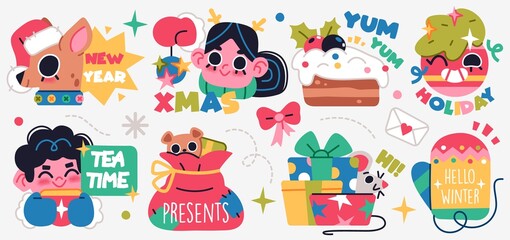 Set of Merry Christmas and Happy New Year stickers or magnets. Festive souvenirs.