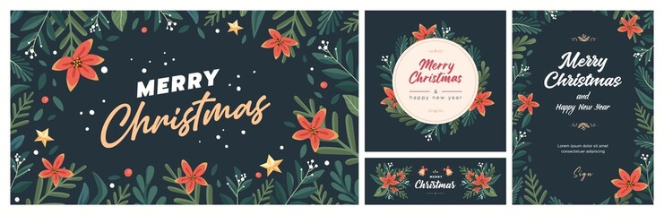 Fototapeta na wymiar Set of Christmas and Happy New Year Floral Card templates. Trendy retro style. Vector design element.