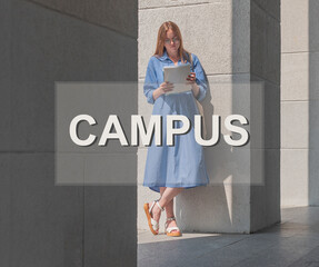 Campus word, text on photo with woman student.