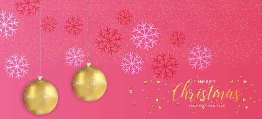 Festive Christmas Pink Background with Golden Christmas Decorations and Golden Glitters. Vector Illustration.