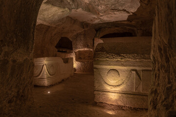 Carved sarcophagus with beautiful designs in the Cave of the Coffins at Bet She'arim in Kiryat...