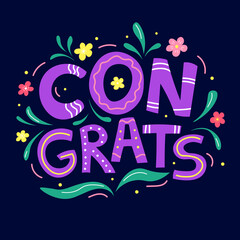 Congrats lettering with flowers. Decorative lettering congrats on dark blue background