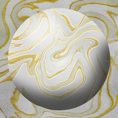 Gold and white sphere with liquid texture on noise background