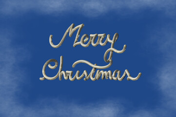 White and gold 3D text Merry Christmas on blue background