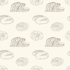 Vector seamless pattern with hand drawn outline different bread.