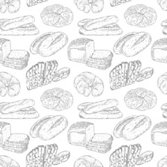 Vector seamless pattern with hand drawn outline different bread.