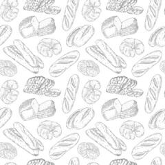 Vector seamless pattern with hand drawn outline different bread.