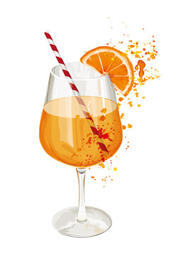 Aperol Spritz Cocktail Illustration With Watercolour Splashes.