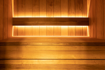 Interior of a small modern sauna for one person in an apartment.