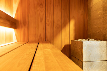 Interior of a small modern sauna for one person in an apartment.