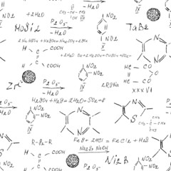 Chemistry seamless pattern with handwriting of various formulas and molecules structures and diagrams. Atom geometry. College lectures. Scientific study as former Alchemy. Vector.