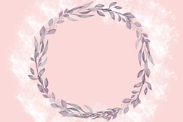 Pink and gray leaves wreath abstract background. Beauty and fashion logo background
