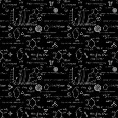 Hand draw chemistry pattern on black background. Back to School seamless pattern. Science lab subject. Education notes in exercise book page. Chemical study paper. Endless illustration. Vector.
