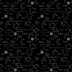 Seamless chemistry scribbles at school chalk board. Blackboard formulas pattern. The concept of education and back to school. Hand writing, endless pattern molecules structures bonds together. Vector.