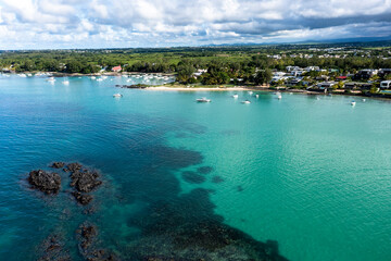 Aerial view, beaches with luxury hotels at Cap Malheureux, Grand Gaube, Pamplemousses Region, Mauritius, Africa