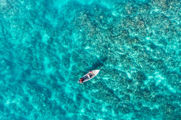 Aerial view, fishermen catch fish on the reefs at Cap Malheureux, Grand Gaube, Pamplemousses...