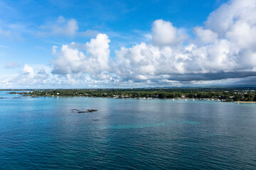 Aerial view, beaches with luxury hotels at Cap Malheureux, Grand Gaube, Pamplemousses Region,...