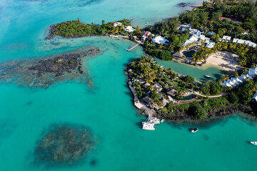 Aerial view, beaches with luxury hotels at Cap Malheureux, Grand Gaube, Pamplemousses Region, Mauritius, Africa