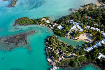 Aerial view, beaches with luxury hotels at Cap Malheureux, Grand Gaube, Pamplemousses Region,...
