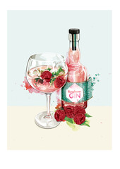 Gin bottle and glass illustration with watercolour splashes. - obrazy, fototapety, plakaty