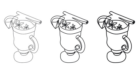 Set of illustrations with Mulled wine line drawings with different line thickness. Drink Collection. Vector isolated illustration of hot winter drink. Continuous line drawing. 
