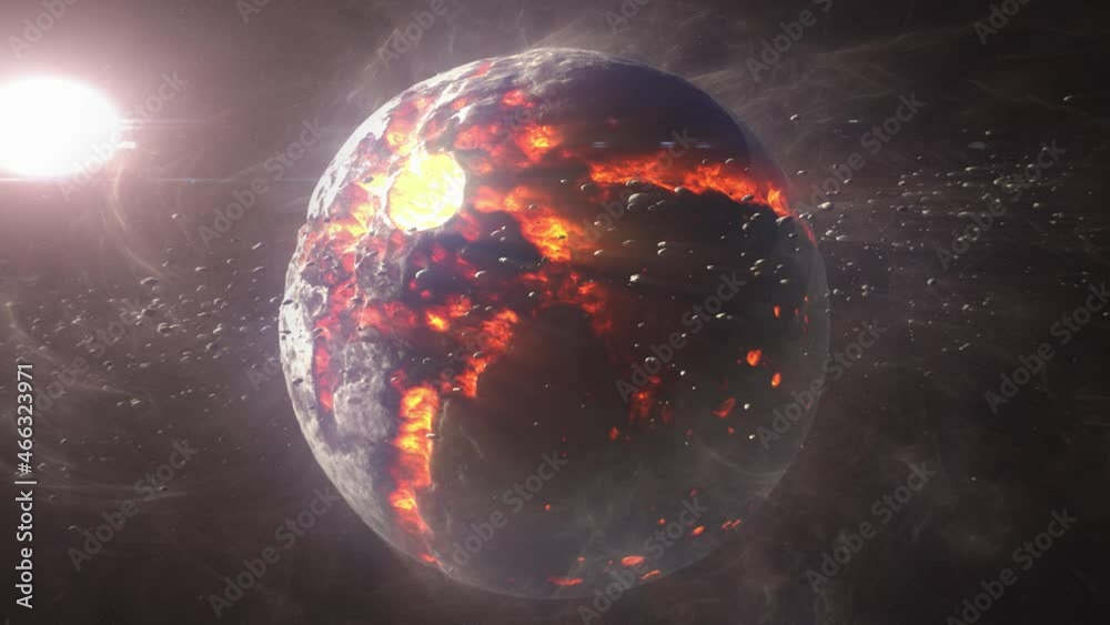 Wall mural dead planet with hot lava magma and asteroids cinematic view of destroyed death star after meteor as