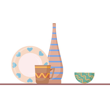 Composition from ceramic pasuda - plate, vase, cup and bowl.