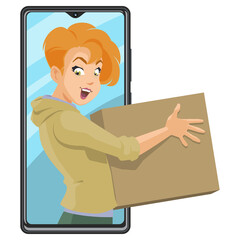 Online order. Girl with box. Delivery service courier. Illustration for internet and mobile website.