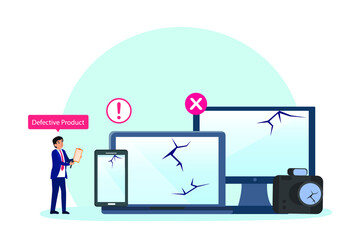 Defective product vector concept. Businessman holding a clipboard while checking defective product in the warehouse