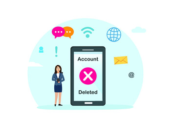 Account deactivation vector concept. Businesswoman using a cellphone application while deleting her account of social media