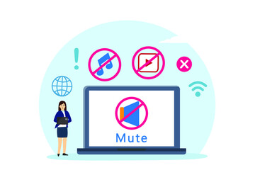 Young businesswoman muting sound of computer laptop while doing business meeting in the office