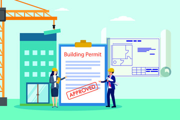 Building permit vector concept. Two architects looking at blue prints while standing with Two architects stand with approved building permit on clipboard - obrazy, fototapety, plakaty