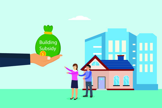 Building subsidy vector concept. Hand giving building subsidy donation to young couple