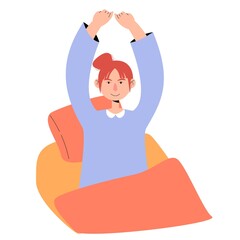 Morning routine. A young happy girl wake up and is stretching in bed. Wake up and sing. Isolated vector illustration in flat style.