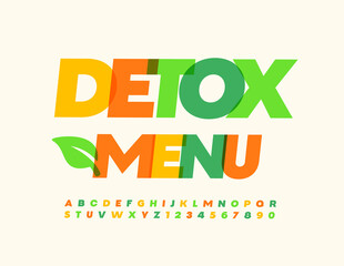 Vector healthy concept Detox Menu with Decorative Leaf. Creative Alphabet Letters and Number set. Colorful transparent Font