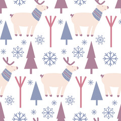 Winter vector seamless pattern. Deer in the winter forest on a light background. Suitable for cards, Christmas cards, invitations, greetings, paper and others.  