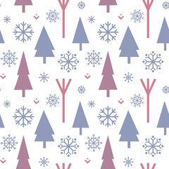 Winter vector seamless pattern.  Winter wood and snowflakes on a light background. Suitable for cards, Christmas cards, invitations, greetings, paper and others.  