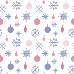 Christmas seamless pattern. Christmas balls and snowflakes on a light background. Suitable for cards, Christmas cards, invitations, greetings, paper and others.  