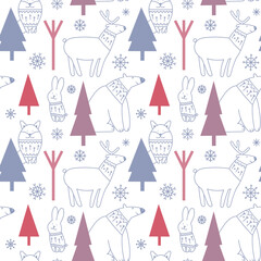 Winter vector seamless pattern. Wild animals in the winter forest on a light background. Suitable for cards, Christmas cards, invitations, greetings, paper and others.