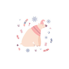 Christmas vector illustration. A bear in a scarf on a background of snowflakes and elements of folk ornament. Suitable for cards,  invitations, greetings and others