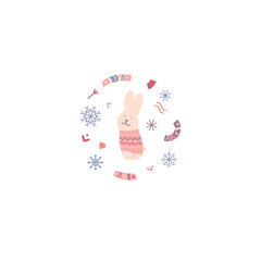Christmas vector illustration. A rabbit in a sweater on a background of snowflakes and elements of folk ornament. Suitable for cards,  invitations, greetings and others