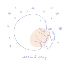 Winter vector illustration. A bear with bear cubs on a background of snowflakes. Blue and Pink. Suitable for cards, Christmas cards, invitations, greetings and others